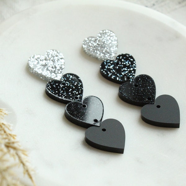 Valentine’s Silver Fox Heart Stack Acrylic Black and Silver Earring Making Connectors Valentine’s Heart Earring Making Supplies 3 Pairs