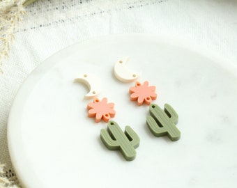 Mini Cactus Moon and Flower Boho Earring Stack Acrylic Earring Making Desert Southwestern Resin Charms Cactus Acrylic Earring Blanks 3 Pairs