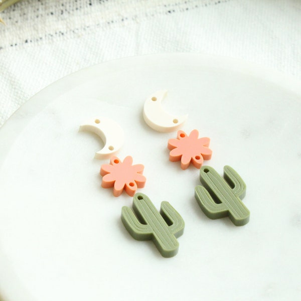 Mini Cactus Moon and Flower Boho Earring Stack Acrylic Earring Making Desert Southwestern Resin Charms Cactus Acrylic Earring Blanks 3 Pairs