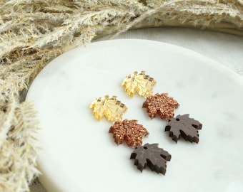 Fall Neutral Leaf Trio Acrylic Earring Blanks Fall Leaves Earring Making Kit 3 Pairs Gold Orange and Brown Acrylic Leaf Charms Engraved