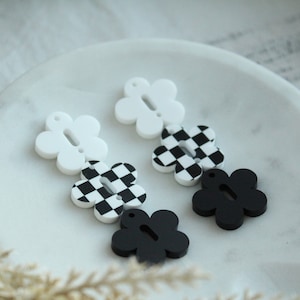 Black and White Checkered Rounded Daisy Retro Flower Stack Trio Acrylic Earring Findings Flower Black and White Acrylic Pieces 3 Pairs