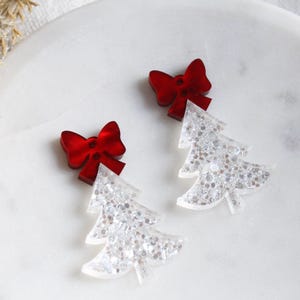 Frilly Iced Glimmer Glitter White Christmas Tree Acrylic Blanks Earring Connectors Set of Trees and Bow Christmas Tree Acrylic Findings