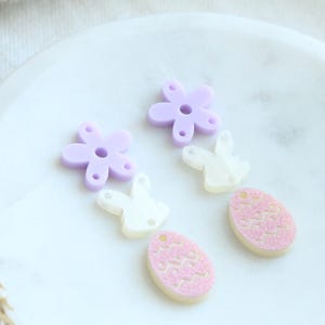 Easter Bunny Egg Flower Trio Acrylic Earring Stack Acrylic Charms Blanks Easter Bunny Spring Cute Earring Pieces 3 Pairs DIY Purple Flower