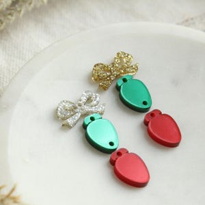 Mini Christmas Lightbulb Earring Pieces with Bow on Top Bright Color Pink Blue and Green Mini Bulb Acrylic Earring Charms 3 Pairs