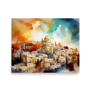 The City of Jerusalem - Boho Watercolor - Christian Catholic Jewish Wall Art - Matte Poster