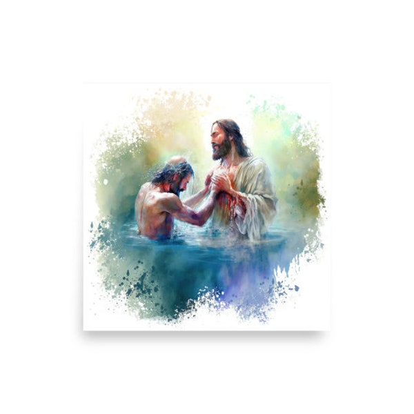 The Baptism of Jesus - Boho Watercolor Painting - Christ & Water Series - Christian Catholic Wall Art - Digital Print - Printable Poster