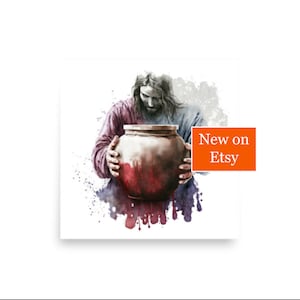 Jesus Turns Water Into Wine - Boho Watercolor Painting - Christ & Water Series - Christian Catholic Wall Art - Square Matte Poster