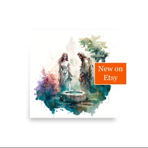 Jesus and the Woman at the Well - Boho Watercolor Painting - Christ & Water Series - Christian Catholic Wall Art - Square Matte Poster