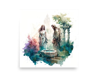 Jesus and the Woman at the Well - Boho Watercolor Painting - Christ & Water Series - Christian Catholic Wall Art - Digital Printable Poster