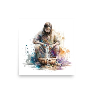 Jesus Washes His Disciples&#39; Feet - Boho Watercolor Painting - Christ & Water Series - Christian Catholic Wall Art - Digital Printable Poster