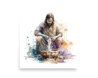 Jesus Washes His Disciples&#39; Feet - Boho Watercolor Painting - Christ & Water Series - Christian Catholic Wall Art - Digital Printable Poster