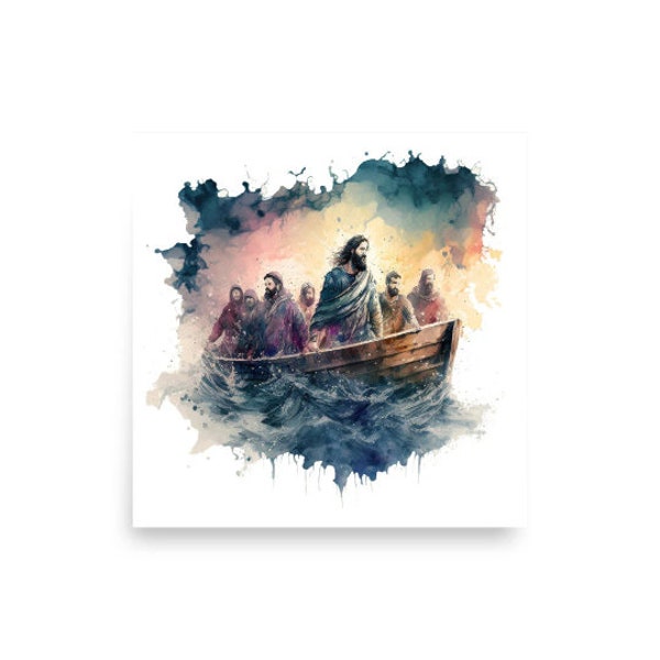 Jesus Calms the Storm - Boho Watercolor Painting - Christ & Water Series - Christian Catholic Wall Art - Digital Print - Printable Poster