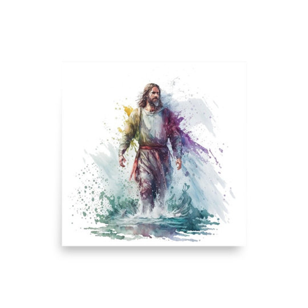 Jesus Walks on Water Boho Watercolor Painting Christ & Water Series