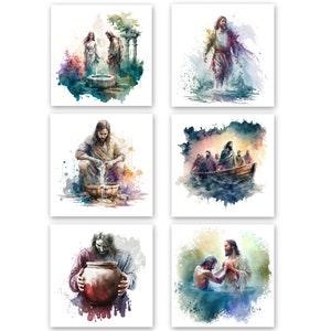 Christ & Water Series Digital Print Bundle - Boho Watercolor Painting - Christian Catholic Printable Wall Art - Set of 6 Images