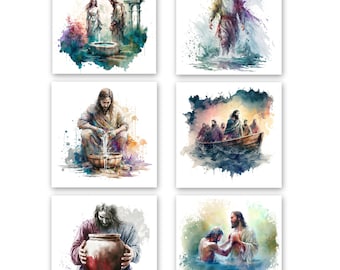 Christ & Water Series Digital Print Bundle - Boho Watercolor Painting - Christian Catholic Printable Wall Art - Set of 6 Images
