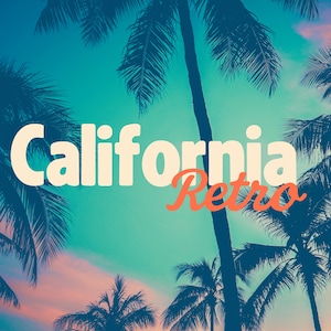 May include: A retro image with palm trees silhouetted against a teal and pink sky. The words "California Retro" are displayed in a bold, off-white font with an orange accent. The image has a vintage, tropical feel.