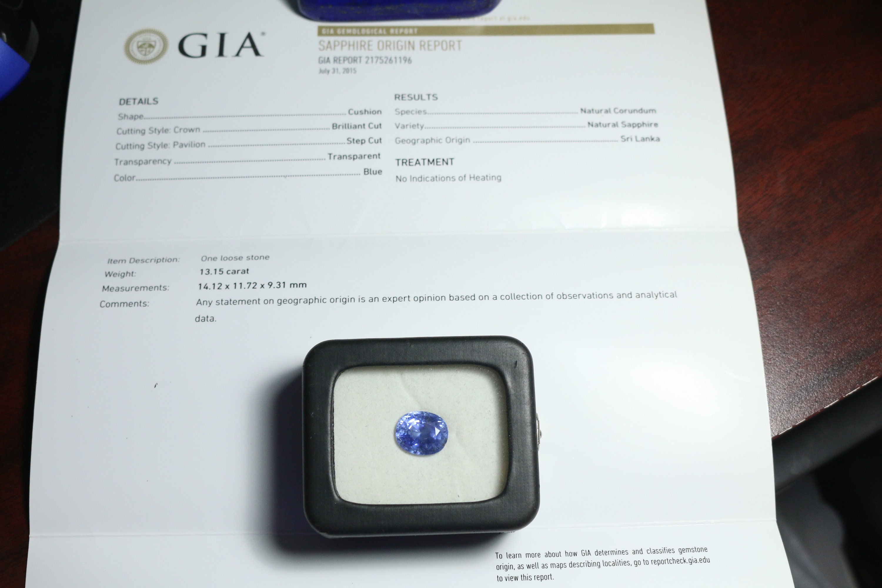 GIA 13.15 ct  Natural Blue Sapphire - Unheated