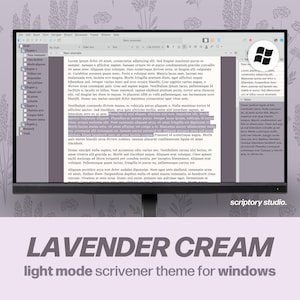 May include: A computer monitor displaying a light-themed word processing software interface with a lavender and gray color scheme. The screen shows a document with Latin text, a sidebar navigation panel, and the text LAVENDER CREAM light mode scrivener theme for windows.