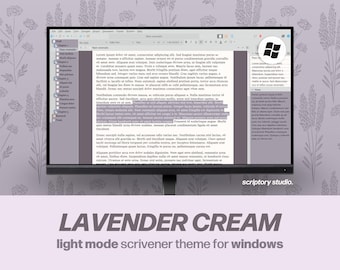 May include: A computer monitor displaying a light-themed word processing software interface with a lavender and gray color scheme. The screen shows a document with Latin text, a sidebar navigation panel, and the text LAVENDER CREAM light mode scrivener theme for windows.