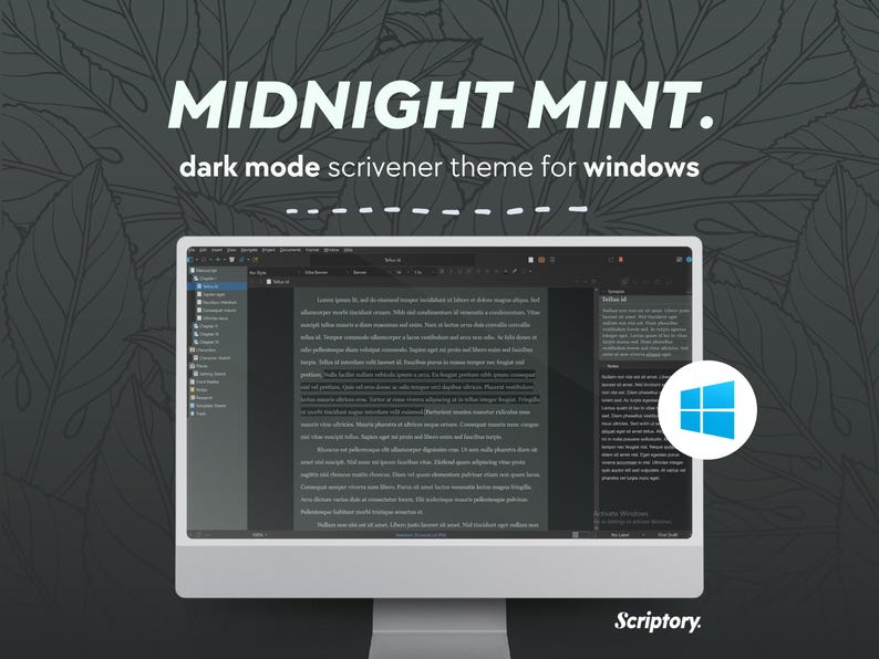 Midnight Mint Scrivener-tema för Windows (mörkt läge) | Skrivinställningar med kall ton för nattugglor bild 1