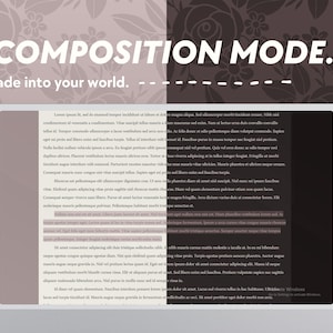 Pode incluir: Um ecr&atilde; de computador port&aacute;til que mostra um site com o texto "COMPOSITION MODE. fade into your world." O ecr&atilde; est&aacute; dividido em duas partes, com o lado esquerdo a mostrar um fundo rosa claro e o lado direito a mostrar um fundo cinzento escuro. O texto no ecr&atilde; &eacute; branco.