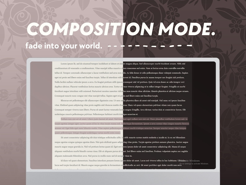 Pode incluir: Um ecr&atilde; de computador port&aacute;til que mostra um site com o texto "COMPOSITION MODE. fade into your world." O ecr&atilde; est&aacute; dividido em duas partes, com o lado esquerdo a mostrar um fundo rosa claro e o lado direito a mostrar um fundo cinzento escuro. O texto no ecr&atilde; &eacute; branco.
