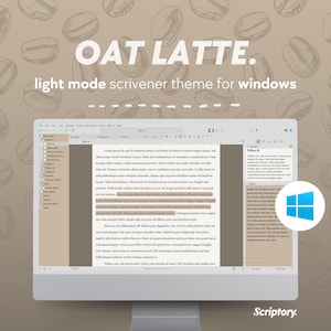 Könnte beinhalten: Ein Screenshot eines Computerbildschirms, der ein Scrivener-Thema im hellen Modus namens "Oat Latte" für Windows zeigt. Das Thema hat einen hellbraunen Hintergrund und weißen Text. Der Bildschirm zeigt ein Dokument mit Text und eine Seitenleiste mit einer Liste von Ordnern und Dateien.