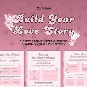May include: A pink and white journal titled "Build Your Love Story" with a step-by-step guide. The cover features illustrations of an angel and a bouquet. The journal's pages are pink with prompts and questions.