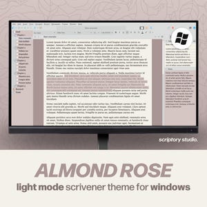 Könnte beinhalten: Ein Computermonitor, der das Almond Rose Light Mode Scrivener-Design für Windows anzeigt. Der Bildschirm zeigt eine Texteditor-Oberfläche mit einer Seitenleiste, einem zentralen Dokumentbereich mit lateinischem Text und einem Windows-Logo.
