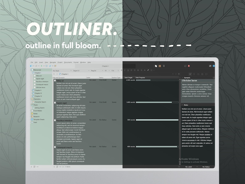 May include: A screenshot of a computer screen showing a writing program with an outline on the left side and a word count progress bar on the right. The outline includes headings like "Chapter 1", "Synopsis", and "Concept Insight". The word count progress bar shows the total word count, the current word count, and the remaining word count.