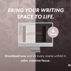 Pode incluir: Uma tela de computador exibindo um aplicativo de escrita com um bot&atilde;o de download. O texto na tela diz "BRING YOUR WRITING SPACE TO LIFE." O texto abaixo da tela diz "Download now and let every scene unfold in calm, creative focus." O texto na parte inferior da imagem diz "Scriptory."