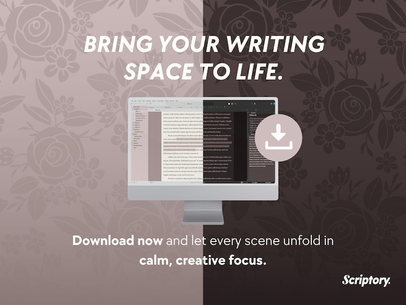 Pode incluir: Uma tela de computador exibindo um aplicativo de escrita com um bot&atilde;o de download. O texto na tela diz "BRING YOUR WRITING SPACE TO LIFE." O texto abaixo da tela diz "Download now and let every scene unfold in calm, creative focus." O texto na parte inferior da imagem diz "Scriptory."