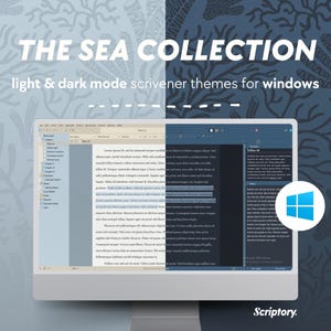 Puede incluir: Una pantalla de ordenador que muestra un tema Scrivener azul claro y azul oscuro para Windows. El tema se llama "The Sea Collection" y presenta un modo claro y un modo oscuro. La pantalla muestra un explorador de archivos, un editor de texto y un panel de vista previa. El fondo es un patrón azul claro y azul oscuro de coral.