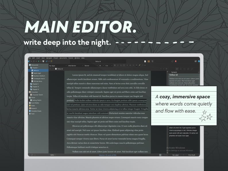 Midnight Mint Scrivener-tema för Windows (mörkt läge) | Skrivinställningar med kall ton för nattugglor bild 2