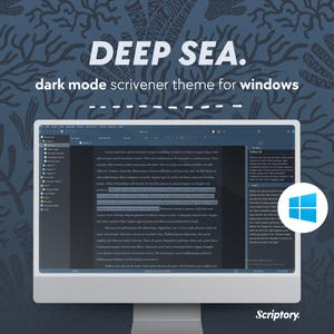 Pode incluir: Um tema Scrivener em modo escuro para Windows chamado "Deep Sea". O tema apresenta um fundo azul escuro com um logotipo do Windows azul claro no canto inferior direito. A interface do Scrivener é mostrada com um documento aberto e um explorador de arquivos à esquerda.