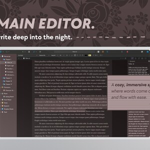 May include: A laptop screen displaying a writing application with the text "MAIN EDITOR. write deep into the night." A small note reads "A cozy, immersive space where words come quietly and flow with ease."