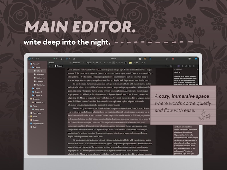 May include: A laptop screen displaying a writing application with the text "MAIN EDITOR. write deep into the night." A small note reads "A cozy, immersive space where words come quietly and flow with ease."