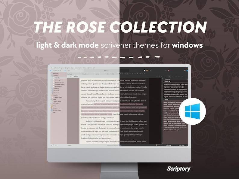 Pode incluir: Um ecr&atilde; de computador a mostrar um tema Scrivener em modo claro e escuro para Windows. O tema apresenta um padr&atilde;o de rosas e o texto "The Rose Collection: light & dark mode Scrivener themes for Windows".