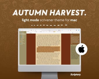 Puede incluir: Un monitor de ordenador muestra el tema "Autumn Harvest" en modo claro de Scrivener para Mac. La pantalla muestra texto con una sección resaltada. El logotipo de Apple es visible a la derecha. El fondo es marrón con ilustraciones de hojas.