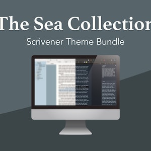 May include: A computer screen displaying the text "The Sea Collection Scrivener Theme Bundle". The screen shows a light blue and dark gray Scrivener theme.