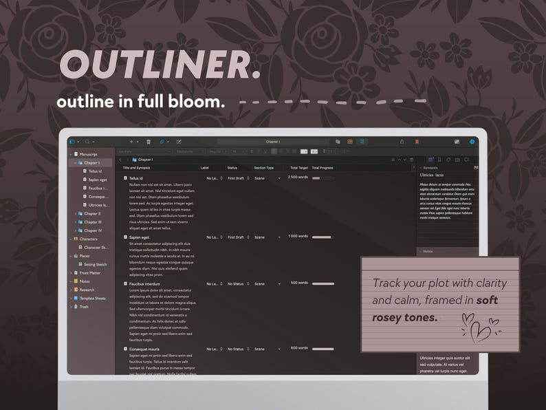 May include: A computer screen displaying a writing software interface with the text "OUTLINER. outline in full bloom." The screen shows a dark interface with text and organizational tools. A small note reads "Track your plot with clarity and calm, framed in soft rosey tones."