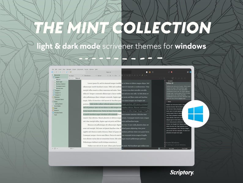 May include: A computer screen displaying a light and dark mode Scrivener theme for Windows. The theme is called "The Mint Collection" and features a green and gray color scheme. The screen shows a text document with a title that says "Title of..." and a folder structure on the left side of the screen.