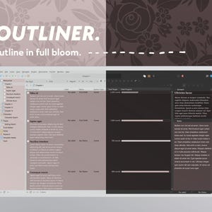 Pode incluir: Uma captura de tela de um computador mostrando um programa de escrita com um fundo cinza claro. O programa se chama "Outliner" e o texto "outline in full bloom" &eacute; exibido. O programa tem uma lista de cap&iacute;tulos e cenas, e uma barra de progresso de contagem de palavras.