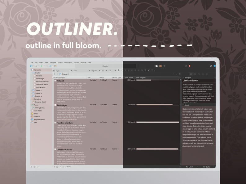 Pode incluir: Uma captura de tela de um computador mostrando um programa de escrita com um fundo cinza claro. O programa se chama "Outliner" e o texto "outline in full bloom" &eacute; exibido. O programa tem uma lista de cap&iacute;tulos e cenas, e uma barra de progresso de contagem de palavras.