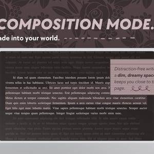 May include: A digital screen displays text with the words "COMPOSITION MODE" and "fade into your world." A small note reads "Distraction-free writing in a dim, dreamy space that keeps you close to the page."