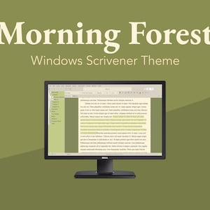 May include: A computer screen displaying the "Morning Forest" Windows Scrivener theme. The screen shows a text editor with a green sidebar and a white background. The text editor is displaying a sample text document.