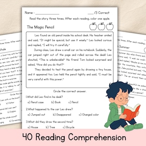 Op de afbeelding: Werkbladen voor begrijpend lezen met verhalen en vragen. De werkbladen bevatten tekst en illustraties, waaronder een jongen die een boek leest. De tekst bevat de titel "40 Reading Comprehension".