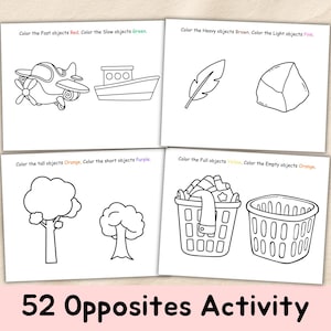 May include: Four educational worksheets with black and white illustrations for a children's activity. The worksheets include images of an airplane, boat, feather, rock, tall tree, short tree, full laundry basket, and empty laundry basket. The text "52 Opposites Activity" is at the bottom.