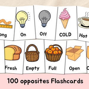 Könnte beinhalten: Lernkarten mit Gegensätzen, darunter ein Wurm für "Lang", eine Glühbirne für "An" und eine Kaffeetasse für "Heiß". Der Text "100 opposites Flashcards" steht unten.