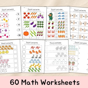 May include: A set of 60 maths worksheets for children. The worksheets include counting, matching, and writing exercises with colourful illustrations of flowers, vegetables, animals, and other objects. The text "60 Math Worksheets" is displayed at the bottom.